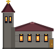 Pixel art of a lit chapel landmark in the meadows